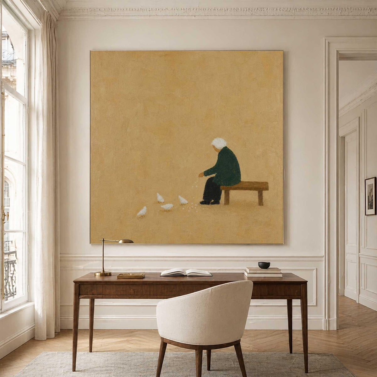 Seated Figure Feeding Birds Wall Art Beige Minimalist Folk Canvas Painting for Entryway Decor