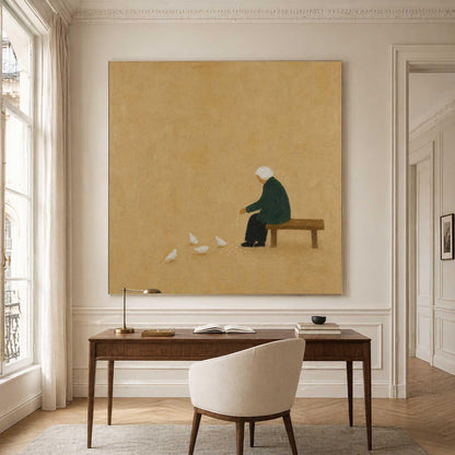 Seated Figure Feeding Birds Wall Art Beige Minimalist Folk Canvas Painting for Entryway Decor