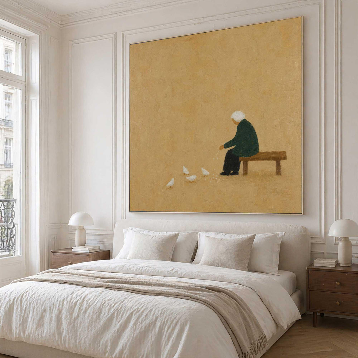 Seated Figure Feeding Birds Wall Art Beige Minimalist Folk Canvas Painting for Entryway Decor