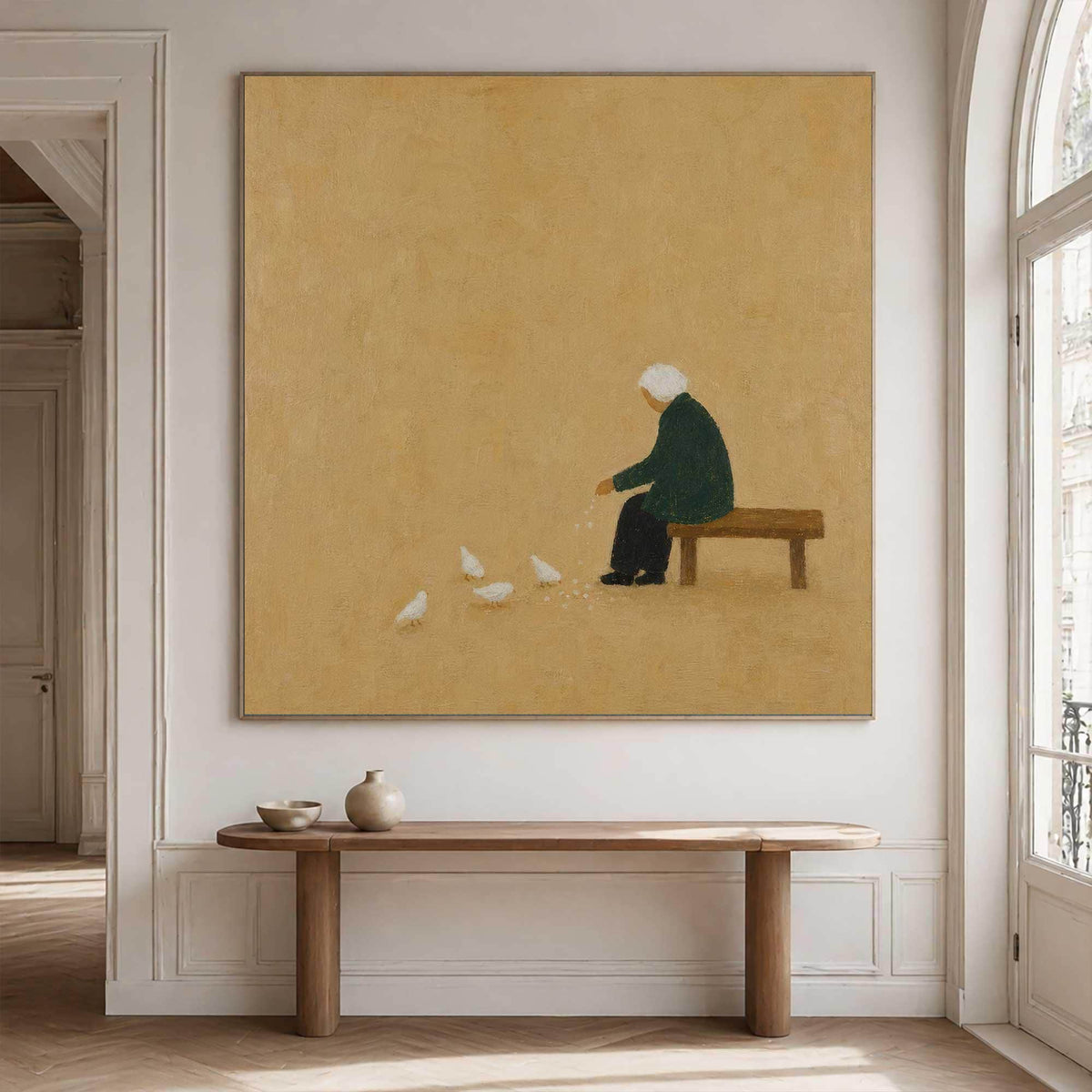 Seated Figure Feeding Birds Wall Art Beige Minimalist Folk Canvas Painting for Entryway Decor