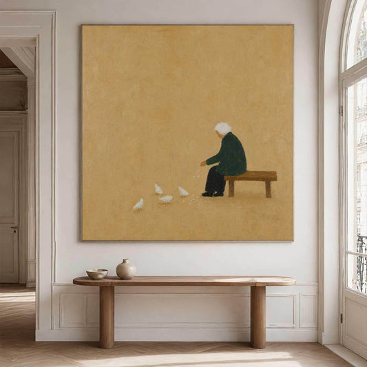 Seated Figure Feeding Birds Wall Art Beige Minimalist Folk Canvas Painting for Entryway Decor