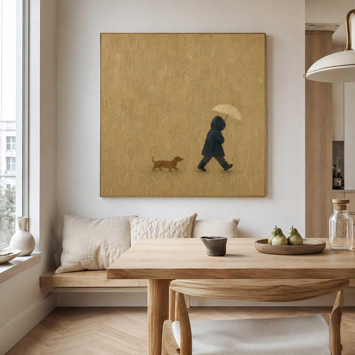 Hooded Figure Dog Wall Art Beige Rainy Day Canvas Painting for Living Room Decor