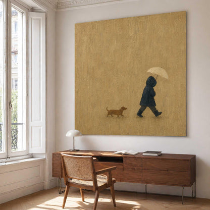 Hooded Figure Dog Wall Art Beige Rainy Day Canvas Painting for Living Room Decor