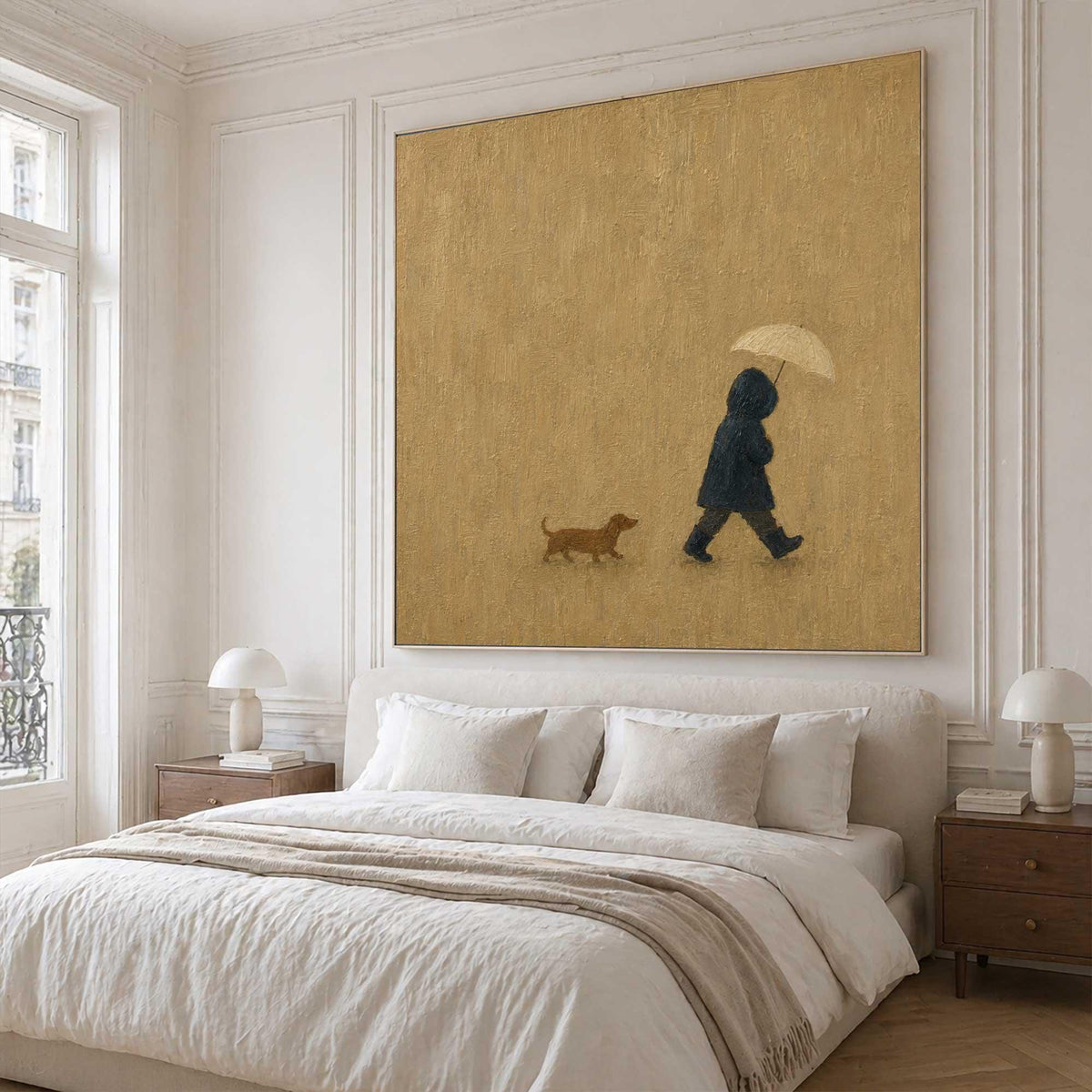 Hooded Figure Dog Wall Art Beige Rainy Day Canvas Painting for Living Room Decor