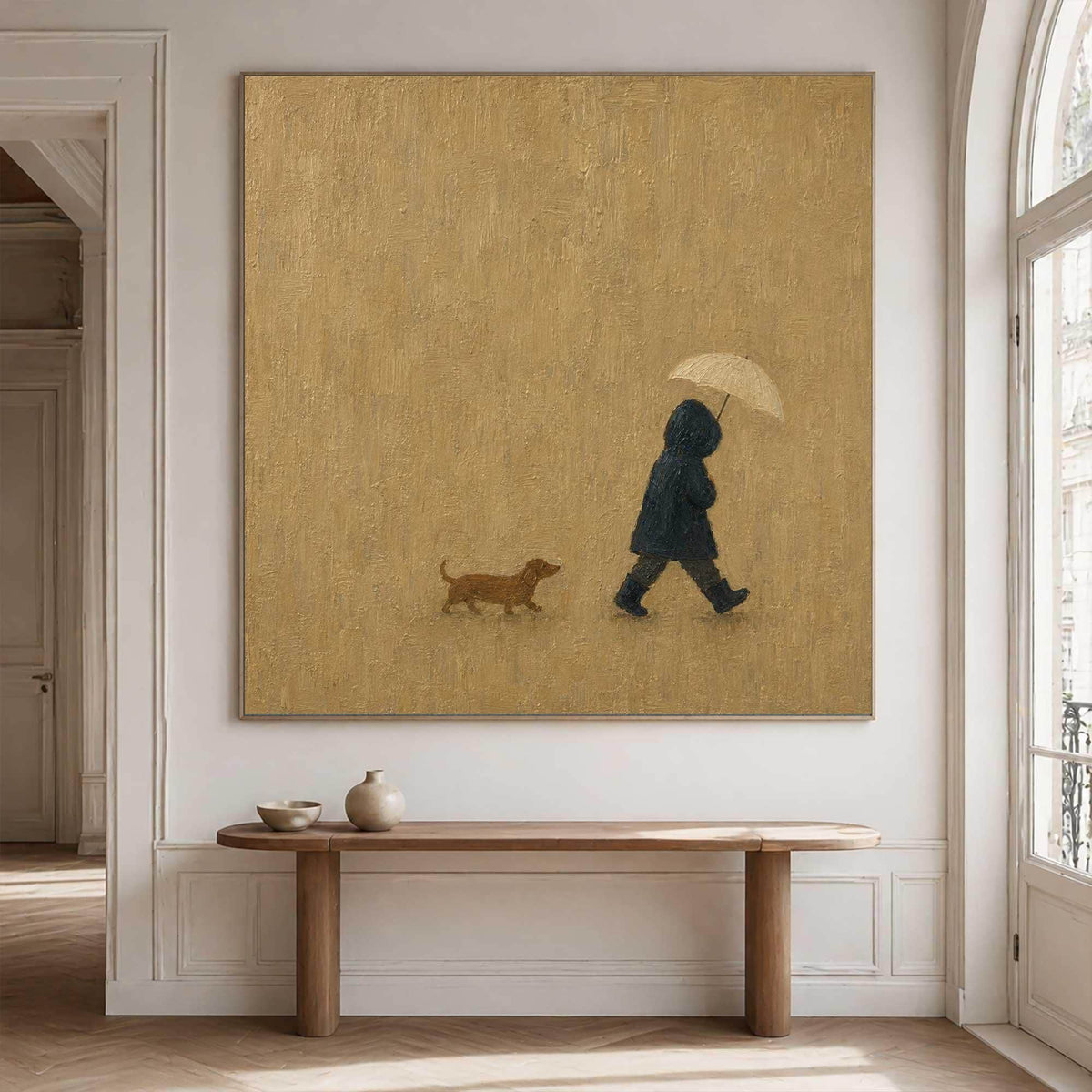 Hooded Figure Dog Wall Art Beige Rainy Day Canvas Painting for Living Room Decor
