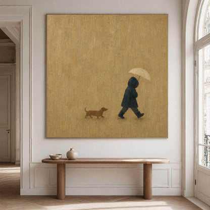 Hooded Figure Dog Wall Art Beige Rainy Day Canvas Painting for Living Room Decor