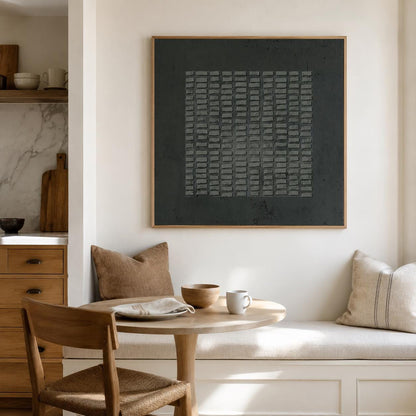 May include: A square wall art piece featuring a dark charcoal gray background with a centered grid of raised, rectangular textured blocks in a lighter gray tone, all enclosed within a thin, light-colored wooden frame.