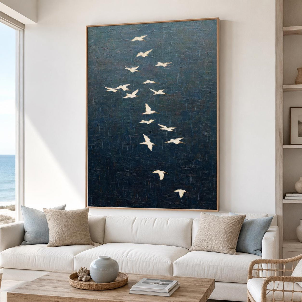 White Crane Bird Flock Wall Art Dark Blue Textured Canvas Painting for Entryway Decor