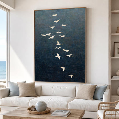 White Crane Bird Flock Wall Art Dark Blue Textured Canvas Painting for Entryway Decor