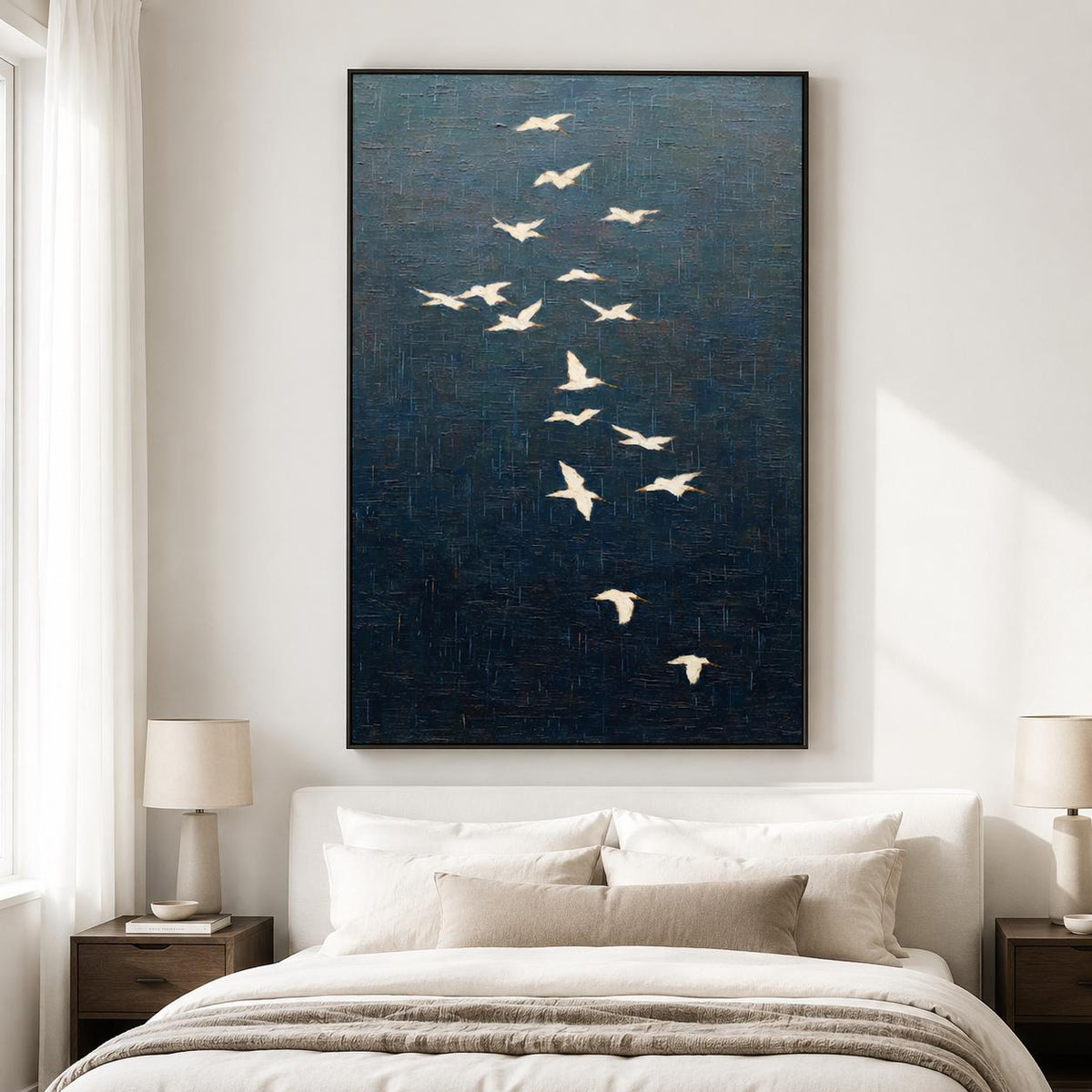 White Crane Bird Flock Wall Art Dark Blue Textured Canvas Painting for Entryway Decor