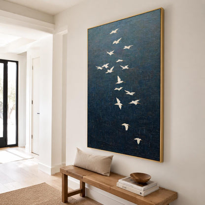 White Crane Bird Flock Wall Art Dark Blue Textured Canvas Painting for Entryway Decor
