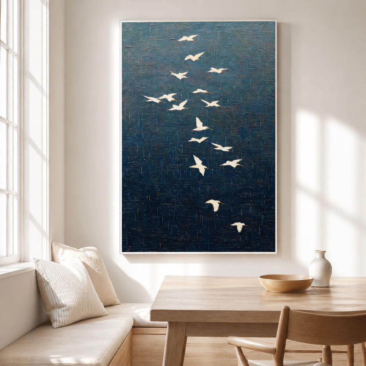 White Crane Bird Flock Wall Art Dark Blue Textured Canvas Painting for Entryway Decor