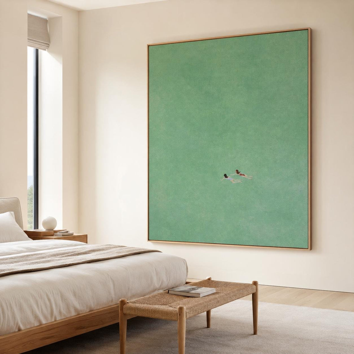 Sea Green Ocean Swimmers Wall Art Minimal Seascape Canvas Painting for Coastal Bathroom Decor
