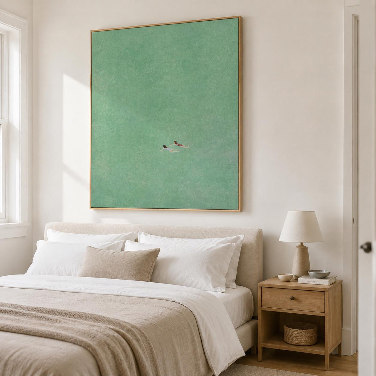 Sea Green Ocean Swimmers Wall Art Minimal Seascape Canvas Painting for Coastal Bathroom Decor