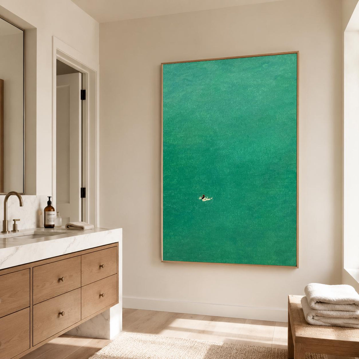 Single Swimmer Ocean Wall Art Teal Minimal Canvas Painting for Coastal Bedroom Decor