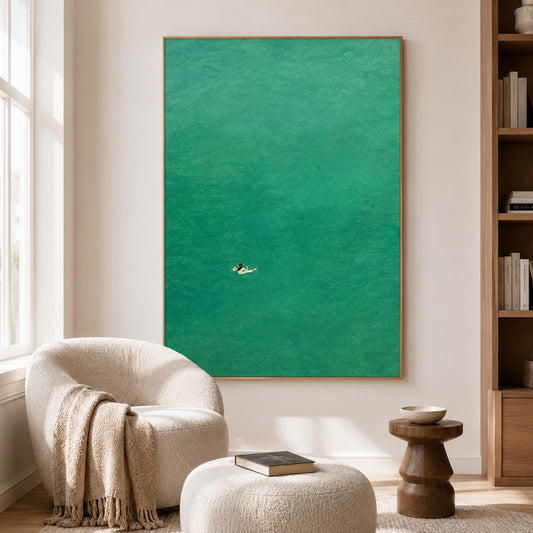Single Swimmer Ocean Wall Art Teal Minimal Canvas Painting for Coastal Bedroom Decor