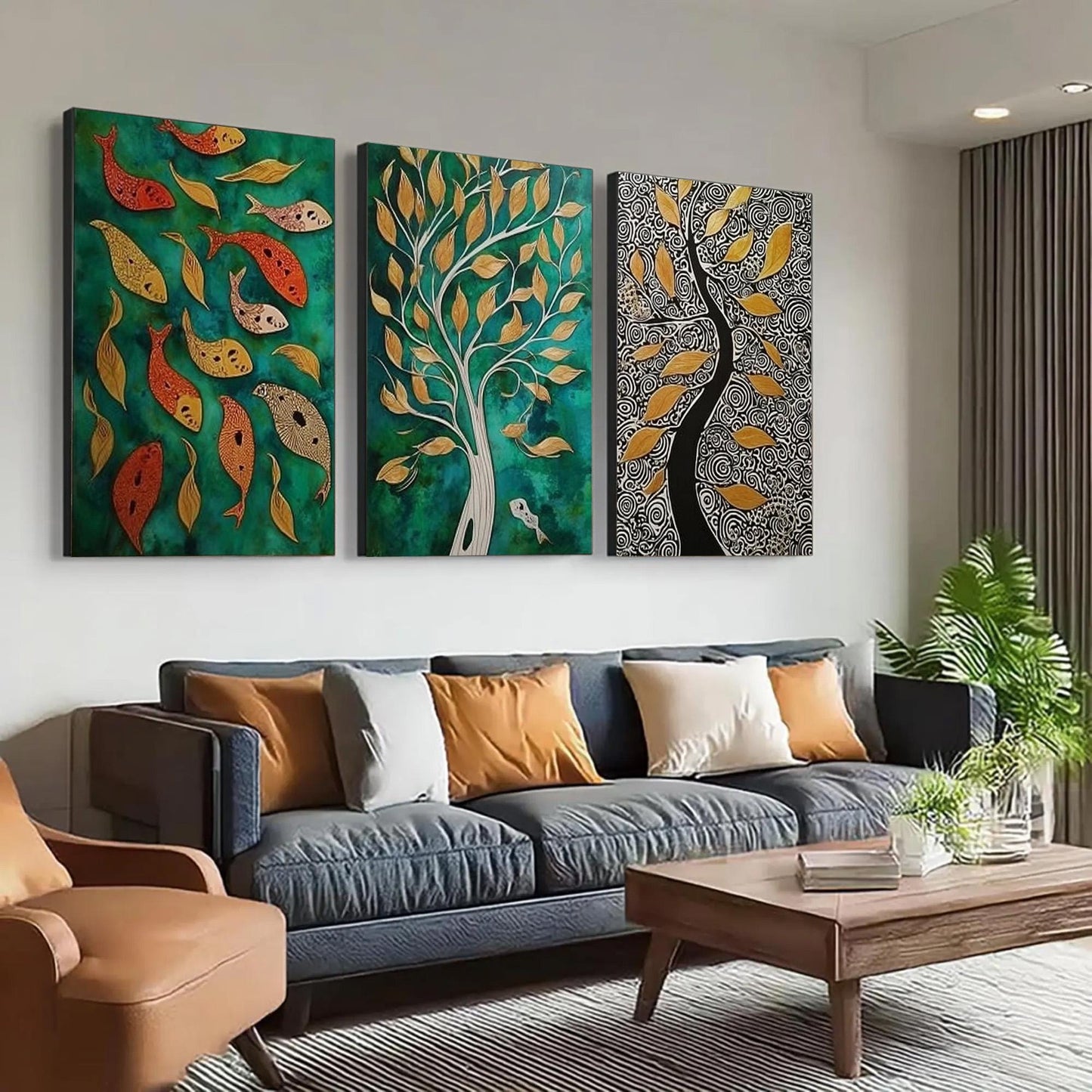 Original Oil Painting 3 Panel Set – Teal and Green Koi Fish Animal Wall Art | Oil Painting, view 3