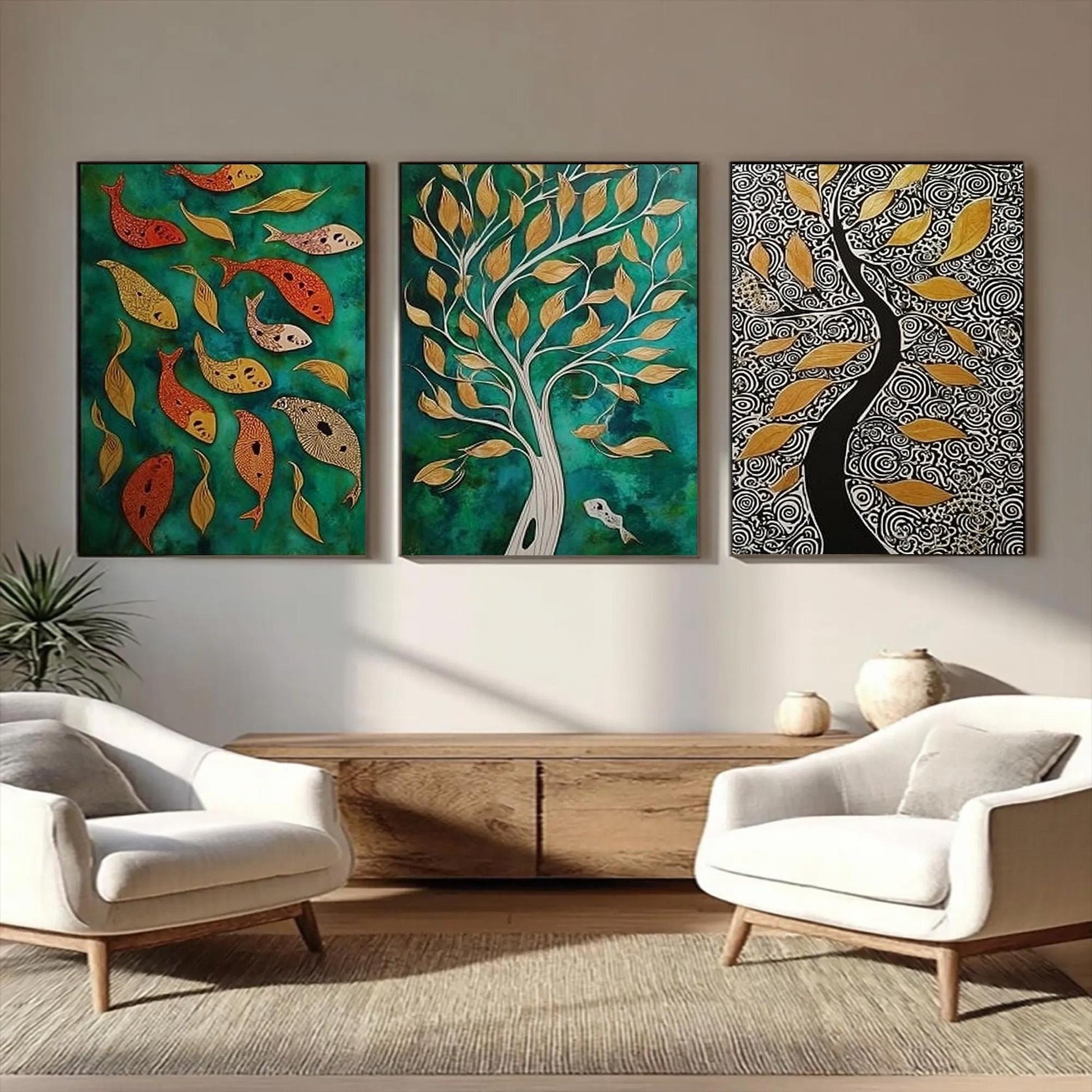 Original Oil Painting 3 Panel Set – Teal and Green Koi Fish Animal Wall Art | Oil Painting, view 4