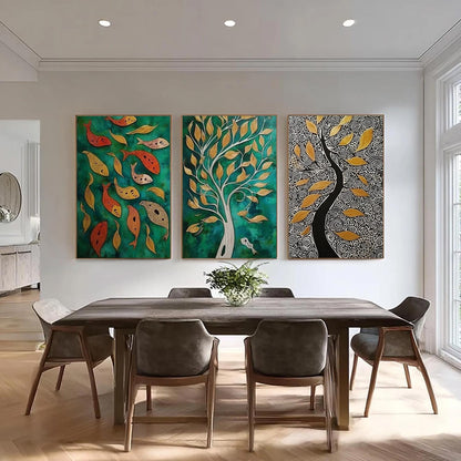 Original Oil Painting 3 Panel Set – Teal and Green Koi Fish Animal Wall Art | Oil Painting, view 1