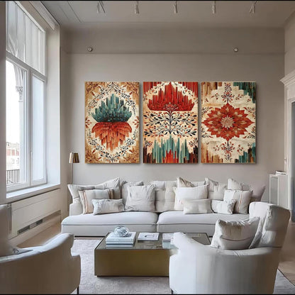 Teal and Red Lotus Floral Wall Art – Original Oil Painting 3-Panel Set