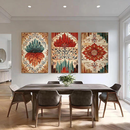 Teal and Red Lotus Floral Wall Art – Original Oil Painting 3-Panel Set