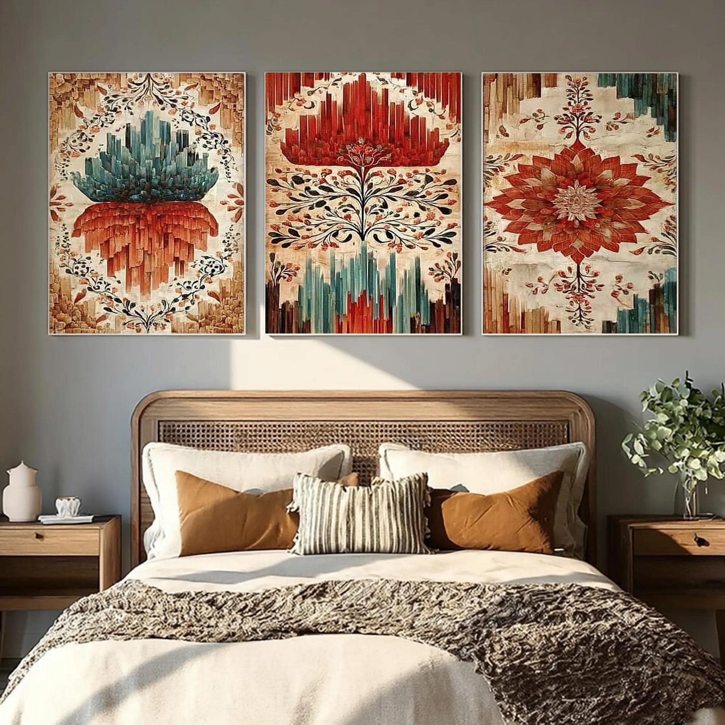 Original – Teal and Red Lotus Floral Wall Art | Oil Painting, view 4