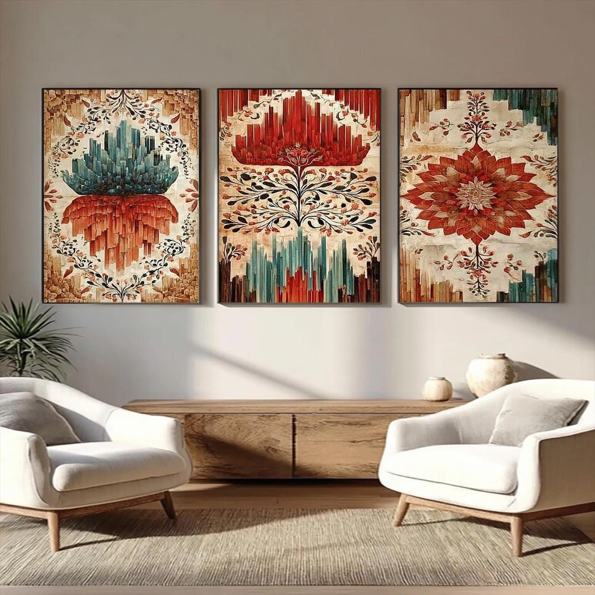Original – Teal and Red Lotus Floral Wall Art | Oil Painting, view 1