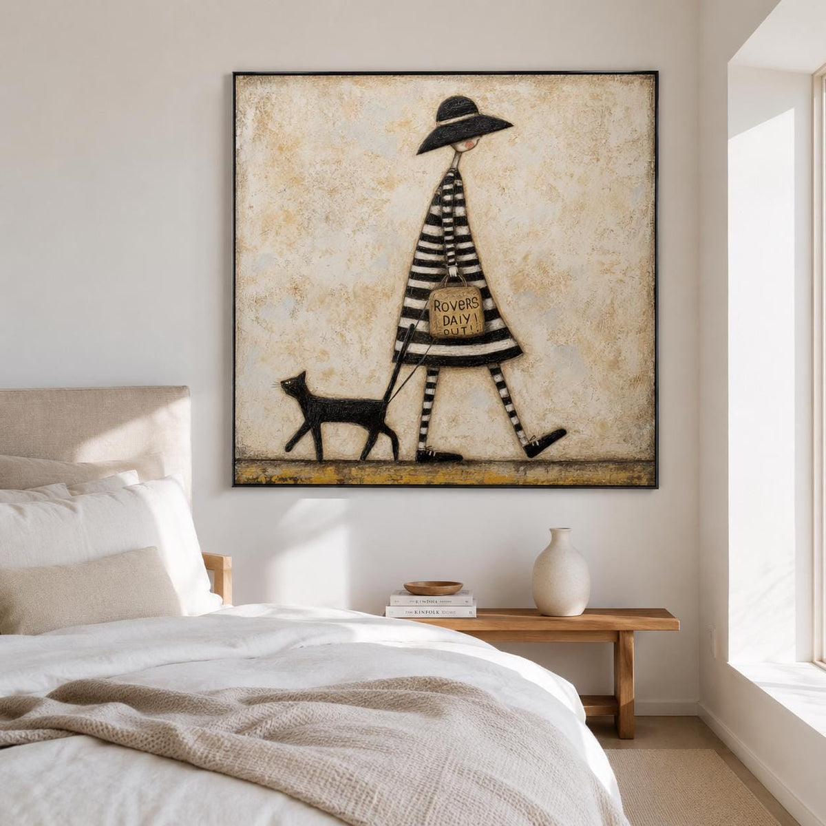 Woman Walking Cat Wall Art Vintage Black Hat Canvas Painting for Whimsical Bedroom Decor