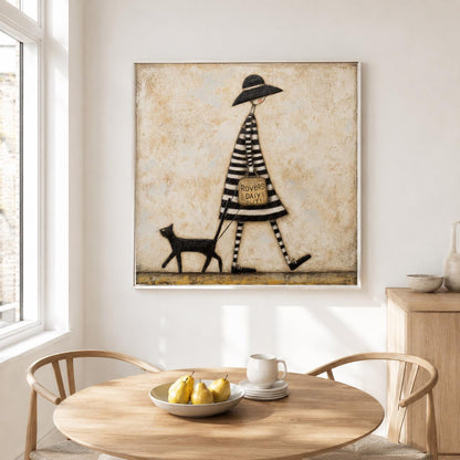 Woman Walking Cat Wall Art Vintage Black Hat Canvas Painting for Whimsical Bedroom Decor