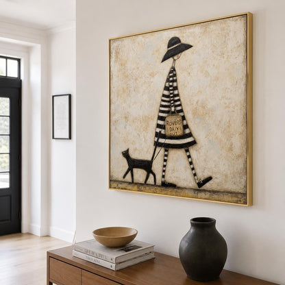 Woman Walking Cat Wall Art Vintage Black Hat Canvas Painting for Whimsical Bedroom Decor