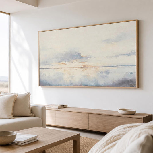 Large Ocean Sunset Wall Art Soft Blue Coastal Canvas Painting for Dining Room Decor