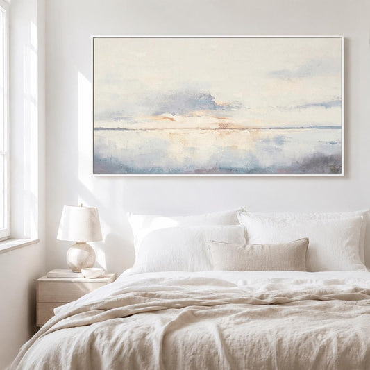 Large Ocean Sunset Wall Art Soft Blue Coastal Canvas Painting for Dining Room Decor