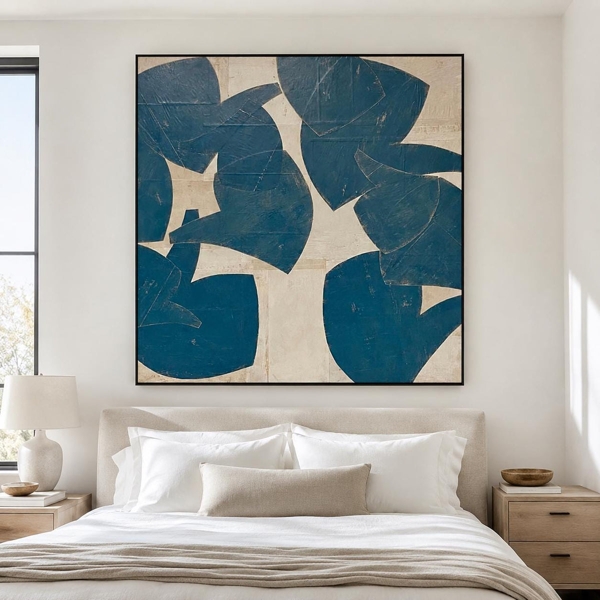 Blue Beige Organic Shape Wall Art Abstract Botanical Canvas Painting for Living Room Decor