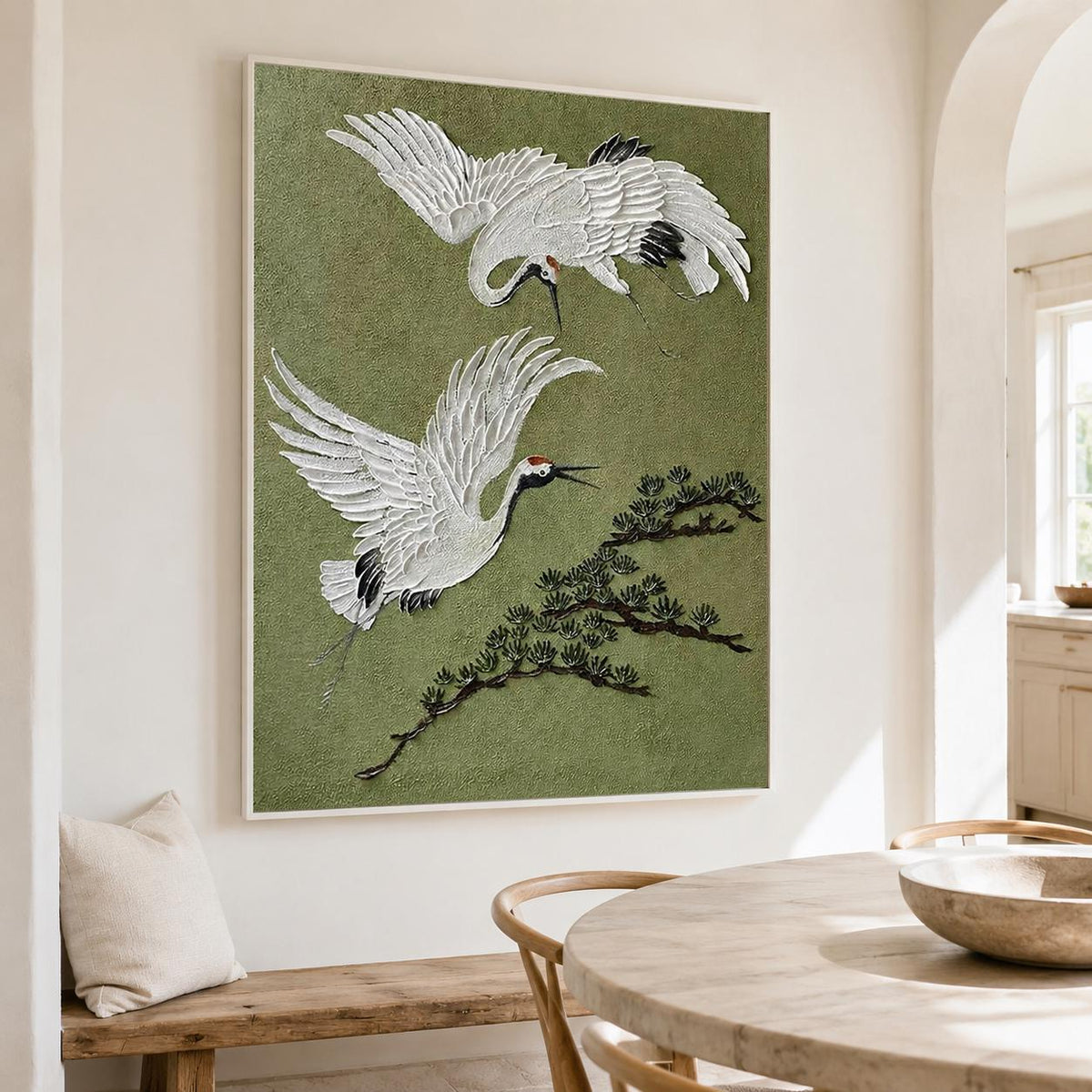 White Crane Bird Wall Art Olive Green Textured Canvas Painting for Living Room Decor
