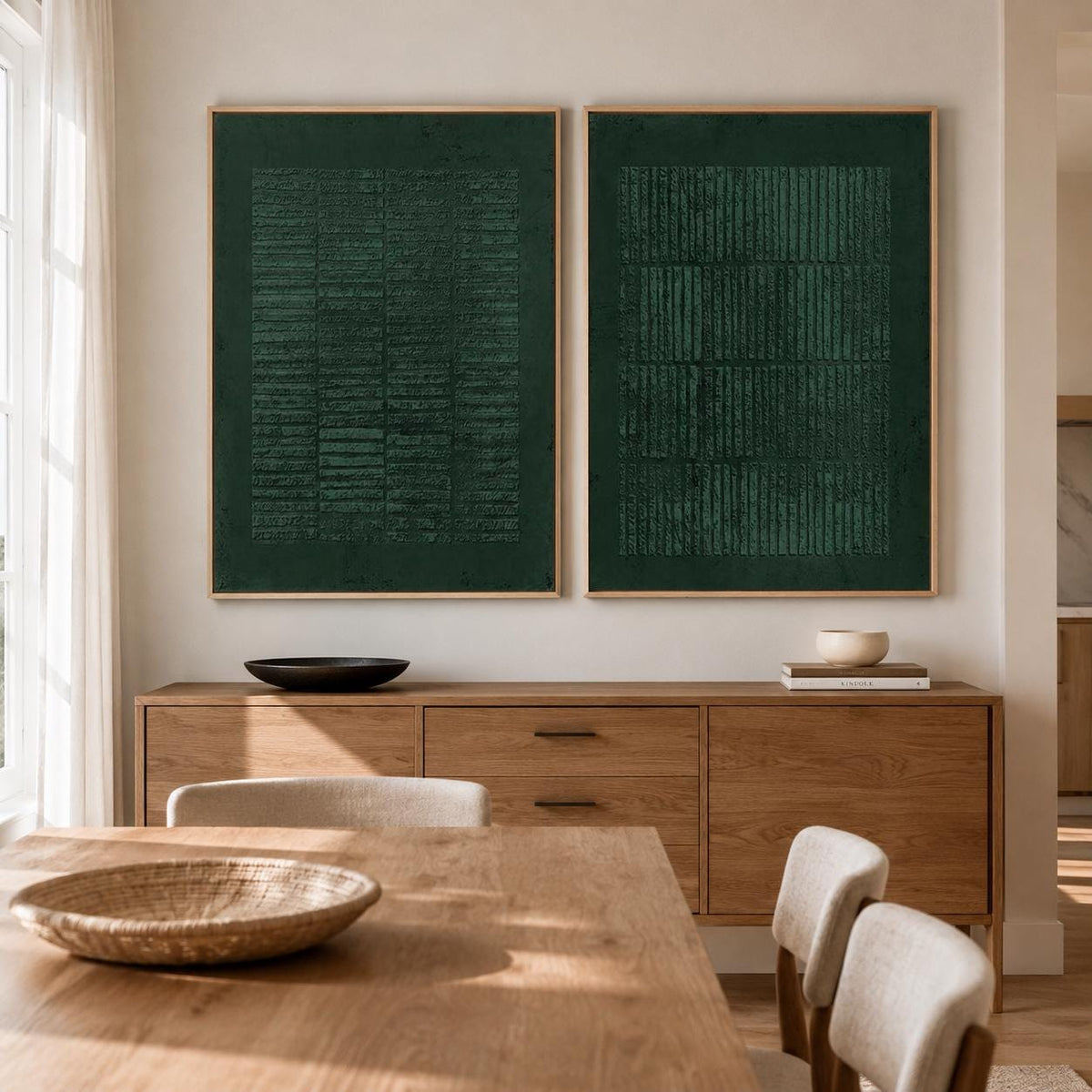 May include: Two rectangular wall art pieces featuring dark forest green textured surfaces with vertical and horizontal grid patterns, each enclosed in a thin light wood frame, displayed side by side on a plain wall above a wooden sideboard.