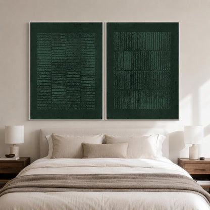 May include: A set of two rectangular wall art pieces featuring a deep forest green color. Each piece displays a textured, grid-like pattern of horizontal and vertical lines, creating a structured, layered appearance against a solid dark background.