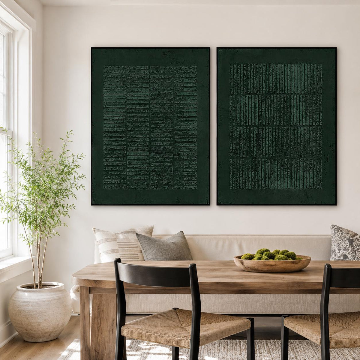 May include: Two rectangular wall art pieces in a deep forest green color, each featuring a textured surface with a pattern of vertical and horizontal lines. The artwork is framed in thin black borders and displayed side by side on a wall.