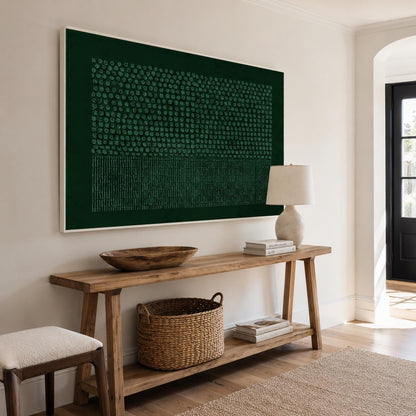 May include: A large rectangular wall art piece featuring a dark forest green background with a textured pattern of light green dots on the top half and vertical lines on the bottom half, enclosed within a thin white frame hanging on a wall.