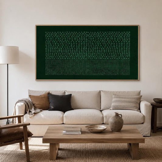 May include: A large rectangular wall art piece featuring a dark forest green background with a textured pattern of small dots in the upper section and vertical lines in the lower section, framed in a light-colored wood frame.
