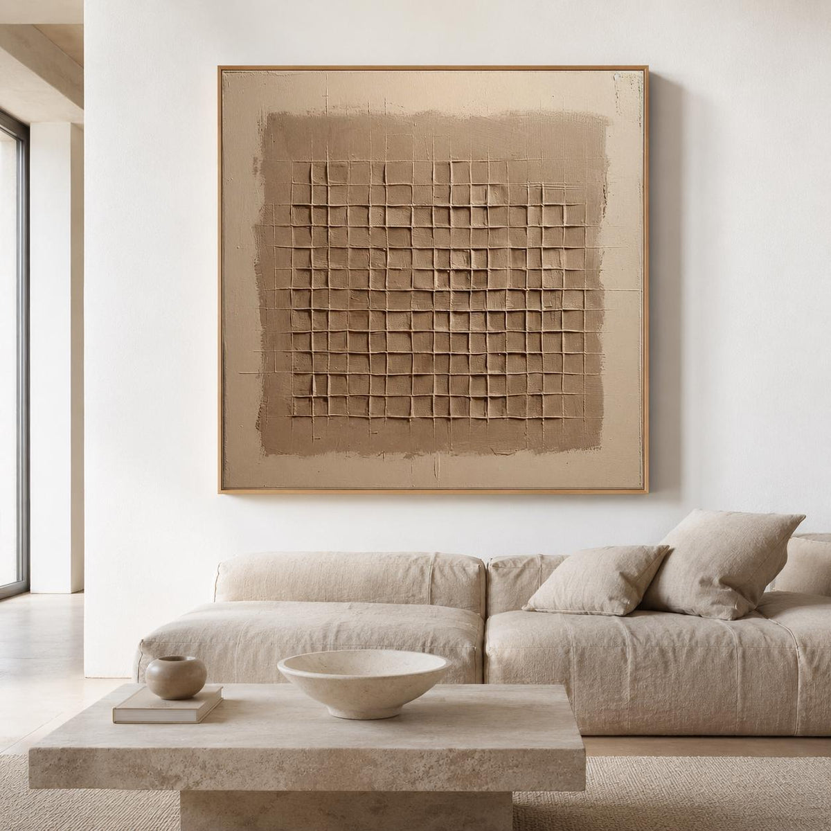 Beige Brown Wabi Sabi Wall Art 3D Grid Texture Canvas Painting for Office Decor