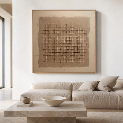 Beige Brown Wabi Sabi Wall Art 3D Grid Texture Canvas Painting for Office Decor
