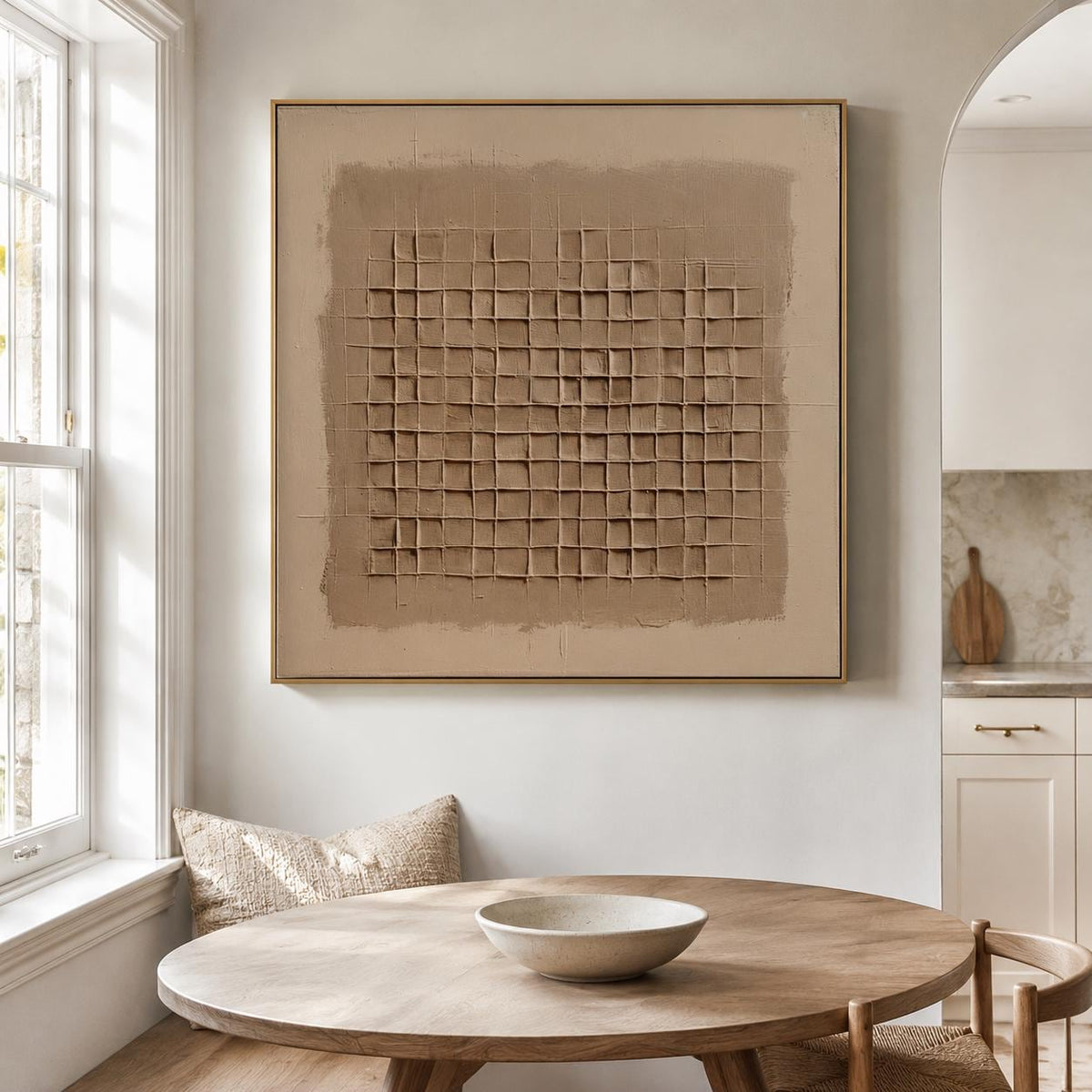 Beige Brown Wabi Sabi Wall Art 3D Grid Texture Canvas Painting for Office Decor