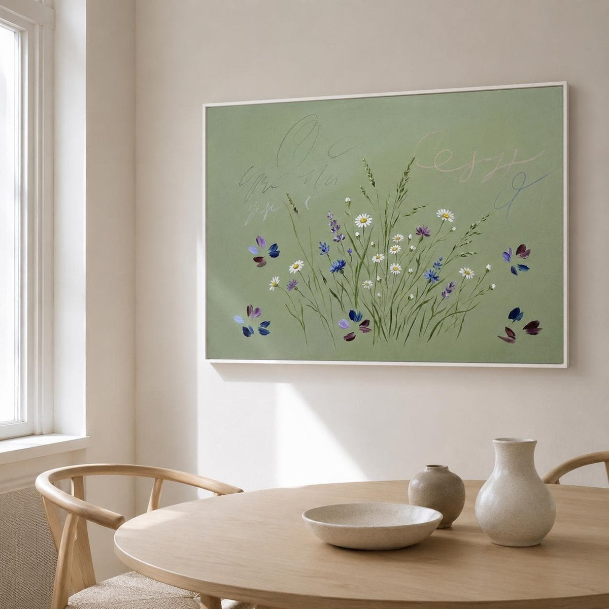 Wildflower Meadow Wall Art Sage Green Butterfly Botanical Canvas Painting for Cottage Bedroom Decor