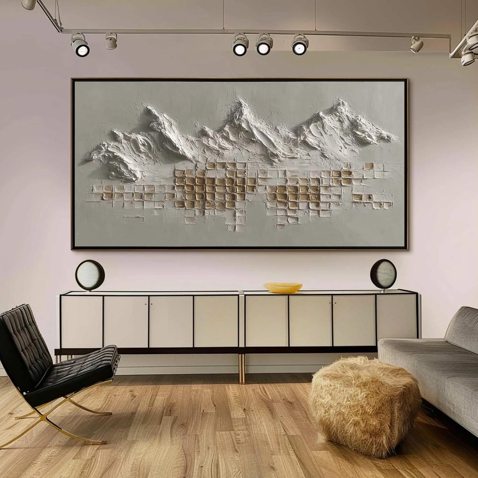 3D Textured Canvas Art - Handmade Acrylic - Minimalist Wall Decor - Luxury Neutral Home Housewarming Gift – Gold and Grey Mou