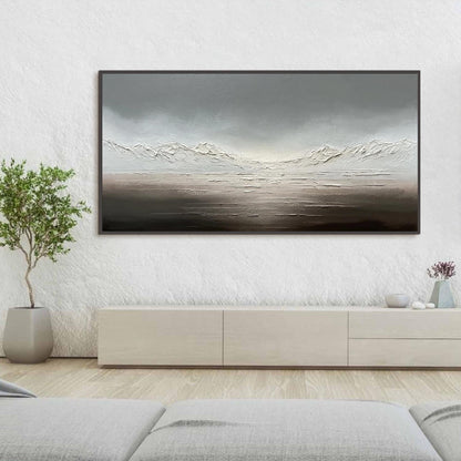 Silver and Grey Minimalist Mountain Wall Art – Neutral Landscape Canvas Painting