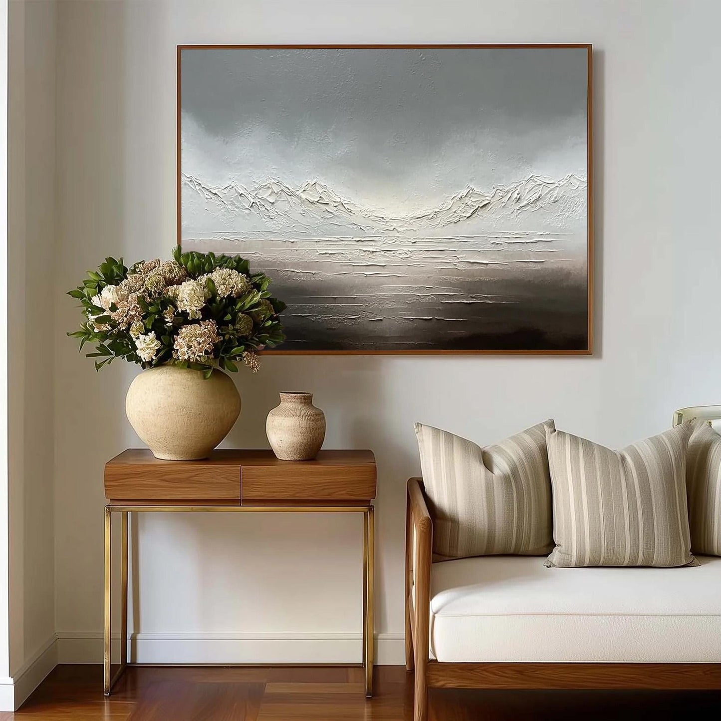 Silver and Grey Minimalist Mountain Wall Art – Neutral Landscape Canvas Painting