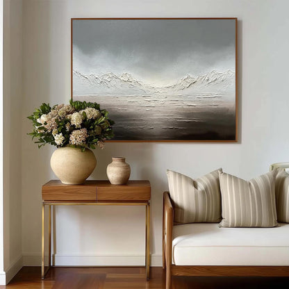 Silver and Grey Minimalist Mountain Wall Art – Neutral Landscape Canvas Painting