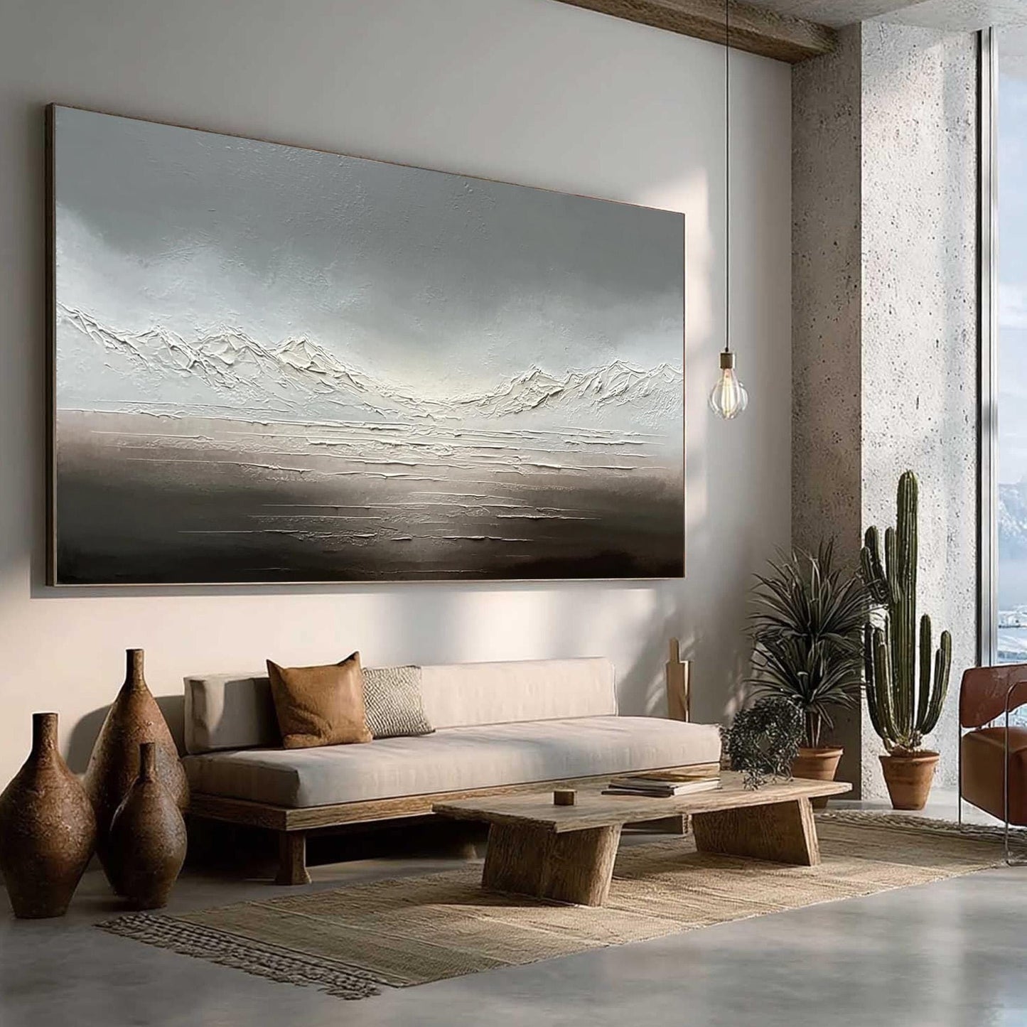 Neutral Landscape Canvas Art - Handmade Acrylic - Zen Wall Decor - Minimalist Home Housewarming Gift – Silver and Grey Mounta