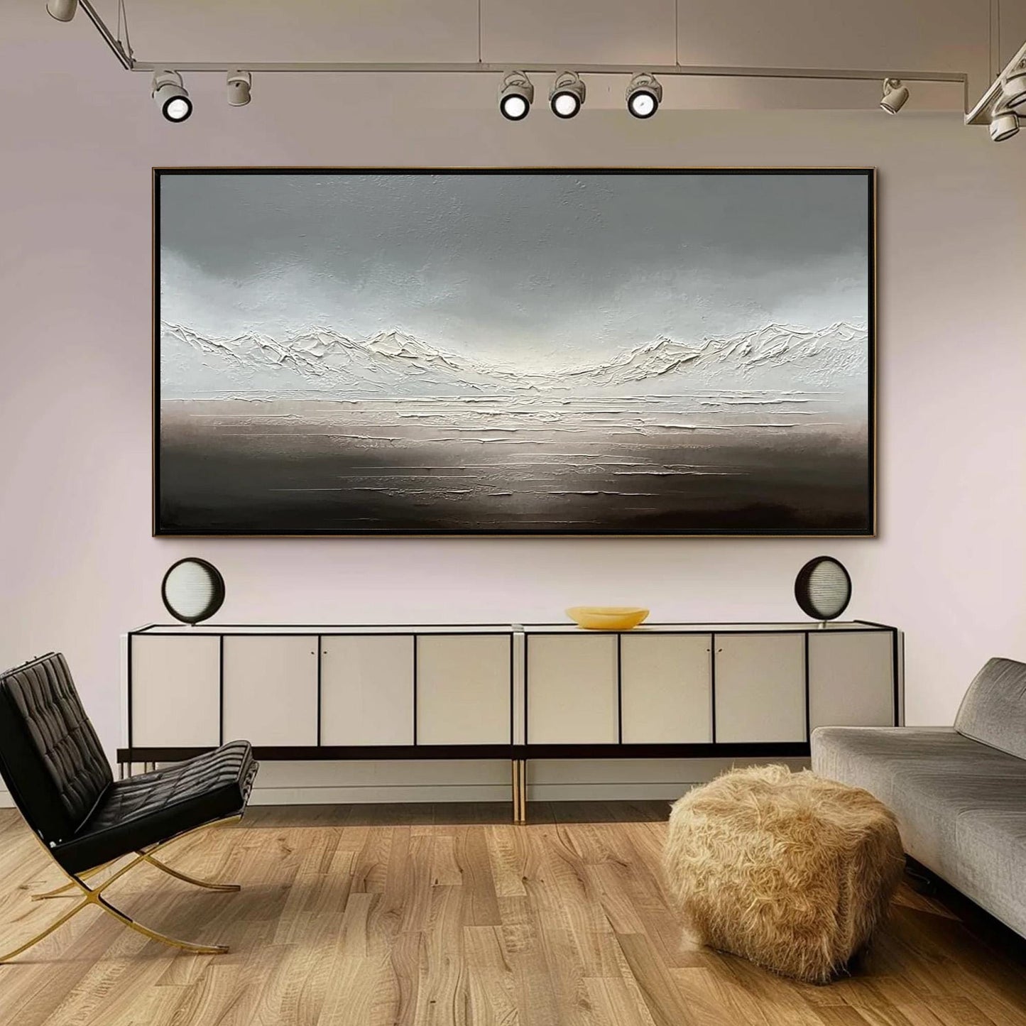 Neutral Landscape Canvas Art - Handmade Acrylic - Zen Wall Decor - Minimalist Home Housewarming Gift – Silver and Grey Mounta