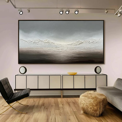 Neutral Landscape Canvas Art - Handmade Acrylic - Zen Wall Decor - Minimalist Home Housewarming Gift – Silver and Grey Mounta